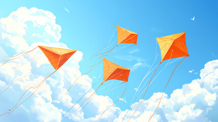Wall Mural - Illustration of orange kites flying against a blue sky and fluffy white clouds, celebrating kite day with a colorful festive atmosphere. Colorful Kite Festival. Illustration