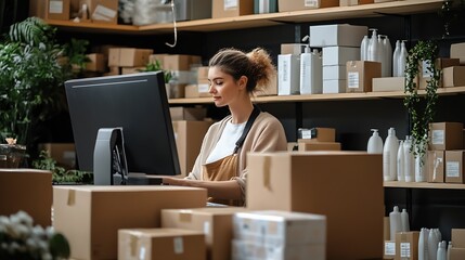 Aufkleber - Young Woman Working in Modern Warehouse Surrounded by Cardboard Boxes and Products : Generative AI