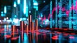 © BonzEarthsnapper - Stacks of Coins on a Digital Background with Financial Graphs Depicting Market Trends and Investment Opportunities in a Vibrant Urban Environment