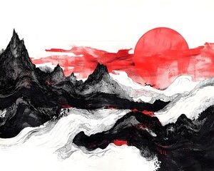 Chinese landscape illustration in ink with black and red accents featuring traditional elements like mountains rivers and trees