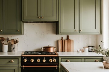 Wall Mural - A modern kitchen with green cabinets, white marble countertops, and copper cookware.