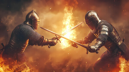 Poster - Historic knights engage in fierce sword combat during a dramatic battle. Flaming Sword Duel. Illustration