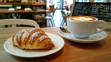 Wall Mural - A well-lit coffee shop setting, where a barista serves a cup of coffee alongside a fresh pastry, with a focus on the delicious combination 