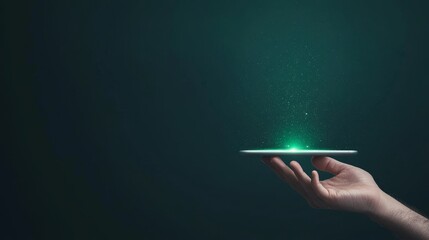Wall Mural - anti tracking technology concept, a hand holds a floating plate emitting a green glow against a dark