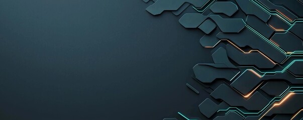 Anti tracking technology concept, A sleek, modern digital background featuring interconnected geometric shapes and circuit patterns in dark tones with glowing accents.