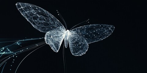 futuristic digital butterfly with glowing wireframe design on black background.