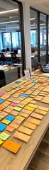 Wall Mural - brainstorming session with sticky notes on wooden table.
