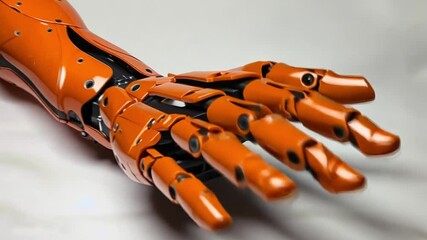 Poster - An intricate robotic hand with articulated fingers on a neutral background, highlighting its vibrant orange design and advanced engineering details, representing modern technology.