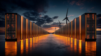 Fototapete - concept of energy storage systems with wind turbines at sunset