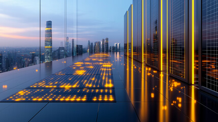 Leinwandbilder - high tech solar power plant with advanced energy solutions and city skyline