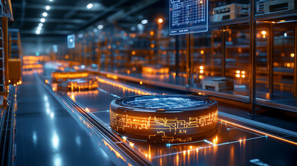 Poster - high tech warehouse with autonomous robots and glowing circuits