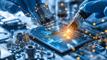 Aufkleber - Engineers calibrating robotic arm with precision tools and technology
