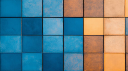 Fototapete - Abstract blue and orange tiled wall with geometric patterns