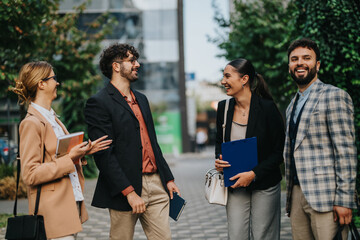 Sticker - A group of diverse business people discuss and brainstorm ideas during an outdoor meeting in a modern urban setting, fostering collaboration and teamwork.