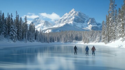 Three people ice skating on a frozen lake with snow-covered mountains in the background.