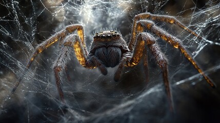 Close-up of a large spider in its web.