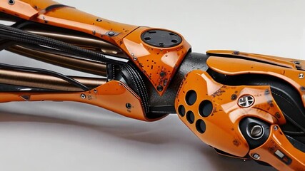 Poster - An advanced robotic arm displays a captivating design with intricate mechanical components and a striking orange finish. This piece exemplifies modern robotics and engineering creativity.