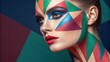 © Justlight - Capturing the essence of avantgarde the models face is transformed with sharp angular shapes painted in vivid jewel tones. The makeup style plays with light and shadow creating an