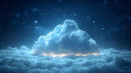 Sticker - A dreamy blue cloud floats amidst a starry night sky, illuminating the dark surroundings with a soft, ethereal glow. The scene evokes feelings of tranquility and wonder.