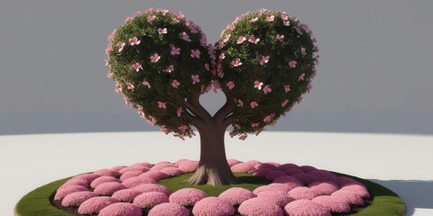 Poster - A heart-shaped tree adorned with pink flowers stands on a bed of pink blossoms, creating a romantic and serene atmosphere.