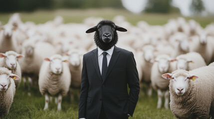 the black sheep in business: a surreal image of a man in a suit with a black sheep's head standing c