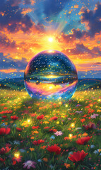 Wall Mural - Sunset Crystal Ball in Flower Field