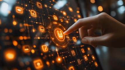 Wall Mural - a hand is pointing at a glowing orange button on a computer screen. concept of technology and modern