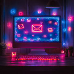 Wall Mural - a computer monitor is lit up with a colorful display of emails. concept of urgency and busyness, as 