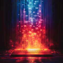 Wall Mural - a computer keyboard is lit up with a colorful display of emails. concept of a busy workday, with the