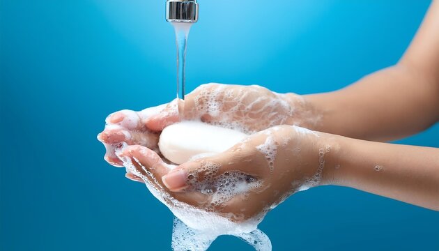 Both hands are washing their hands with soap under the tap. Both hands have soap bubbles on them.