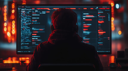 Wall Mural - a man is sitting in front of a computer monitor, wearing headphones and typing on a keyboard. concep
