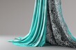 © MISHAL - 3D render showcasing a two-layer curtain, featuring a turquoise layer and a gray patterned layer, isolated on a grey background. Ultra realistic photography.