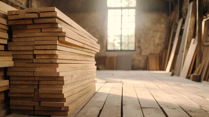 Woodwork carpentry mahogany conceptual. A stack of wooden planks is neatly arranged in a sunlit workshop, with a window casting a warm glow on the rustic interior.