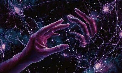 Wall Mural - two hands reaching towards each other amidst a cosmic backdrop filled with stars and neurons.