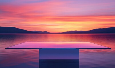 Wall Mural - a tranquil scene featuring a glass table against a vibrant sunset over calm waters.