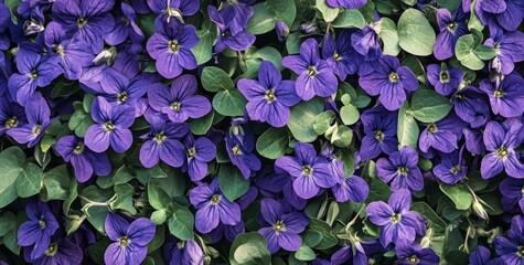 Wall Mural - A vibrant display of purple flowers with green leaves, showcasing nature's beauty.