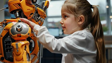 Poster - In a contemporary classroom setting, a young girl engages with a friendly robot, exploring its features and capabilities while learning about technology and robotics.
