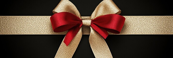 Elegant Close-Up of a Luxurious Red and Gold Bow on a Black Background Perfect for Holiday Gifts, Celebrations, and Special Occasions