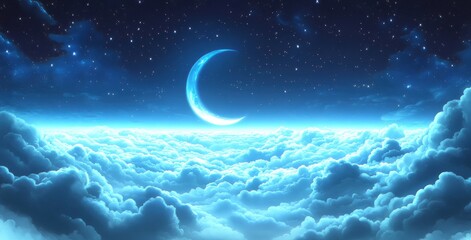 Wall Mural - Serene Night Sky with Glowing Moon Over Soft Clouds Illuminated by Starlight, Creating a Tranquil and Dreamlike Atmosphere, Perfect for Fantasy and Nature Themes