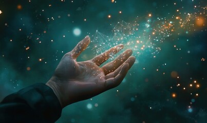 Wall Mural - a hand reaching out into a cosmic space filled with sparkling particles and light.