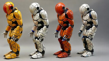 Fototapete - Four humanoid robots, painted in yellow, white, orange, and red, stand in a row. Each robot exhibits intricate design and articulation, highlighting advancements in robotics.