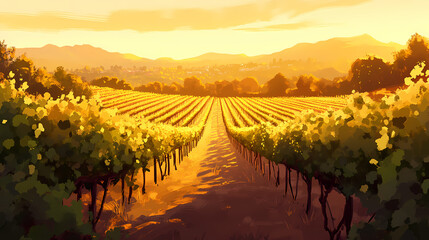 Wall Mural - A scenic view of a vineyard at sunset. the rows of vines are illuminated by the golden light, creating a picturesque scene. Golden Hour Vineyard. Illustration