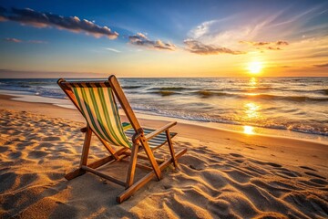 Wall Mural - Tranquil Baltic Sea Beach Scene Featuring a Colorful Beach Chair on Golden Sand, Perfectly Captured with the Rule of Thirds for a Serene Coastal Atmosphere