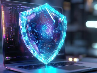 a glowing digital shield appears on a laptop screen, symbolizing cybersecurity and protection agains