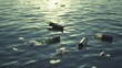© Sinechana - 9.Plastic waste, including bottles and packaging, scattered across the surface of a calm sea. The light reflecting off the water highlights the environmental impact of human activity on marine