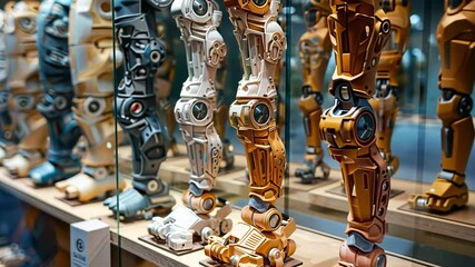 Fototapete - A row of elaborately crafted robotic legs is showcased at a technology exhibition, highlighting the blend of art and engineering in modern robotics. The vibrant colors and details capture attention.