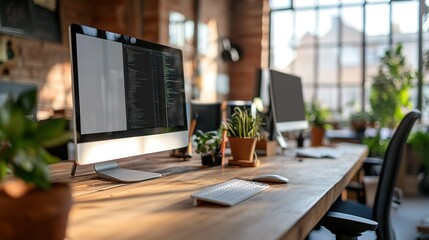 A computer desk with two monitors and a keyboard