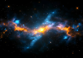 dark night sky full of stars with bright yellow and blue lights