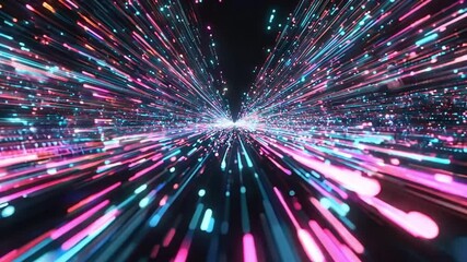 Wall Mural - abstract digital tunnel of glowing pink and blue lines with white specks