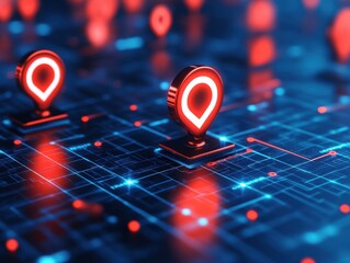 Futuristic Digital Map with Neon Red Location Pins on a Glowing Grid Background Representing Navigation and Geolocation Technology
